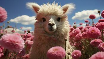 Cute alpaca and lamb grazing, enjoying the beauty of nature generated by AI photo