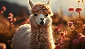 Cute alpaca grazing on green meadow, enjoying the summer sunset generated by AI photo