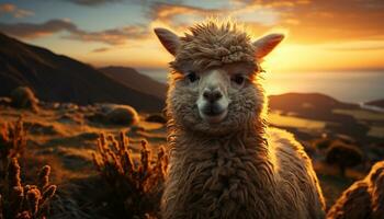 mullido alpaca pasto en un montaña prado a puesta de sol generado por ai foto