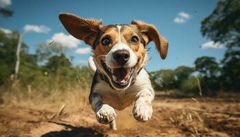 Cute puppy playing in the grass, pure joy and happiness generated by AI photo