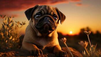 A small cute puppy sitting on grass, looking at sunset generated by AI photo