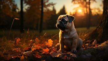 Cute small dog sitting on grass, enjoying autumn pure beauty generated by AI photo