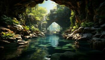 Tranquil scene of a tropical rainforest, flowing water, and limestone generated by AI photo