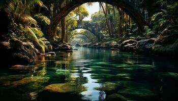 Tranquil scene of a tropical rainforest, flowing water, and greenery generated by AI photo