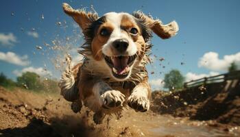 Cute puppy playing in water, jumping, running, pure joy generated by AI photo