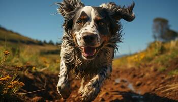 Cute canine puppy playing in wet grass, enjoying summer fun generated by AI photo