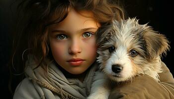 Cute dog, small puppy, looking at camera, purebred, cheerful love generated by AI photo