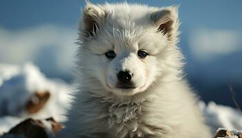 Cute puppy playing in the snow, looking at camera, fluffy generated by AI photo