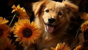 Cute puppy sitting, looking at camera, surrounded by beautiful flowers generated by AI photo