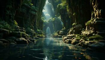 Tranquil scene Majestic rock cliff, flowing water, green forest adventure generated by AI photo