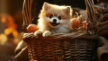 Cute small puppy sitting in a basket, nature young animal generated by AI photo
