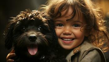 Cute dog smiling, child embracing playful puppy, happiness and togetherness generated by AI photo