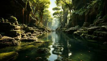 Tranquil scene of a tropical rainforest, flowing water, and green foliage generated by AI photo