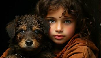 Cute dog portrait, child embracing puppy, smiling, looking at camera generated by AI photo