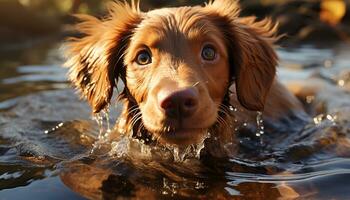 Cute puppy playing in water, wet fur, cheerful and playful generated by AI photo