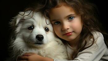 Cute dog and child, smiling, embracing, purebred puppy, friendship generated by AI photo