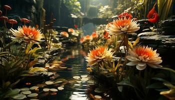 Vibrant flower blossoms in tranquil pond, reflecting nature beauty generated by AI photo