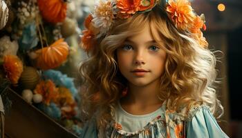 A cute blond girl smiling, holding a pumpkin decoration outdoors generated by AI photo