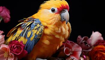 Vibrant colored macaw perching on branch in tropical rainforest generated by AI photo