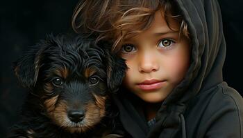 Cute dog portrait, small puppy looking at camera, smiling child generated by AI photo