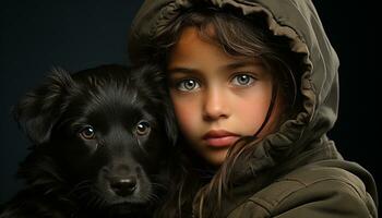 Cute girl smiling, embracing playful puppy, love and togetherness generated by AI photo