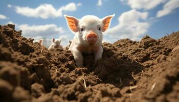Cute piglet digging in mud, enjoying playful summer on farm generated by AI photo