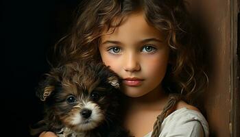 un pequeño, linda perrito mirando a cámara con un sonriente niña generado por ai foto