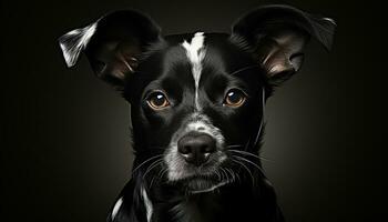 Cute puppy sitting, looking at camera, black background, loyal friend generated by AI photo