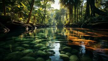 Tranquil scene tropical rainforest, reflecting beauty in nature green generated by AI photo