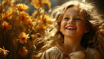 sonriente niña disfruta naturaleza, despreocupado y juguetón en verano generado por ai foto