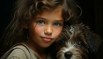 Cute dog and child, smiling, embracing, purebred puppy brings happiness generated by AI photo