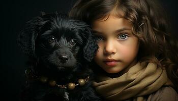 linda perrito mirando a cámara, abrazando niña inocencia y amor generado por ai foto