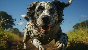 Cute puppy sitting on grass, looking at camera, playful generated by AI photo