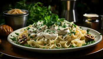 Fresh homemade pasta with parsley, cooked seafood, and creamy sauce generated by AI photo