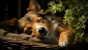 Cute puppy lying down, sleeping, enjoying nature beauty generated by AI photo