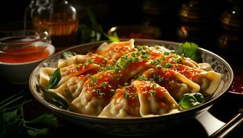 Homemade Chinese dumplings, steamed and ready to eat, served on rustic crockery generated by AI photo