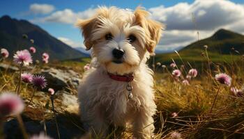 Cute puppy sitting in grass, enjoying nature beauty generated by AI photo