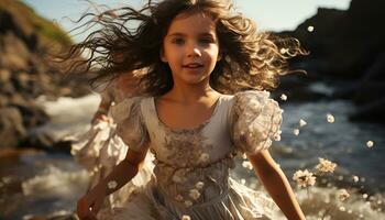 Smiling girl enjoys carefree summer, embracing nature beauty outdoors generated by AI photo