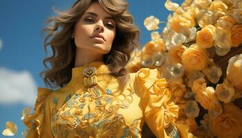 A beautiful young woman in a yellow dress, smiling outdoors generated by AI photo