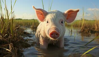 Cute piglet grazing on green meadow, enjoying the summer generated by AI photo