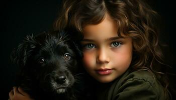 linda perro, retrato de niño, pequeño animal mirando a cámara generado por ai foto