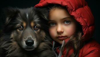 linda niña sonriente, mirando a cámara con adorable perrito generado por ai foto