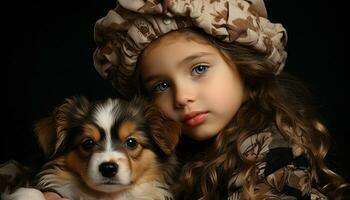 Cute small dog looking at camera, child smiling generated by AI photo