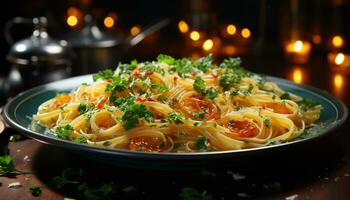 Fresh homemade pasta on rustic wooden plate, garnished with parsley generated by AI photo