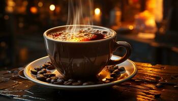 Hot coffee on wooden table, steam rising, cozy winter drink generated by AI photo