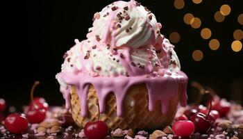 Homemade chocolate ice cream with fresh berry decoration generated by AI photo