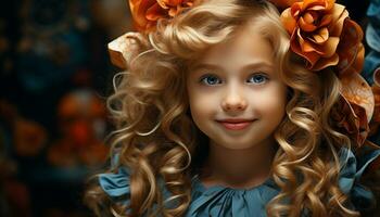 Cute curly haired girl smiling, portrait of childhood beauty generated by AI photo