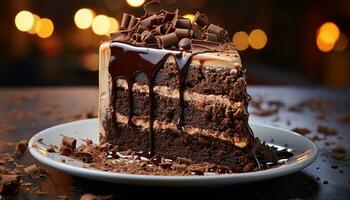 A slice of homemade chocolate cake on a plate generated by AI photo