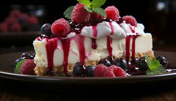 un gastrónomo postre plato frambuesa tarta de queso con azotado crema generado por ai foto