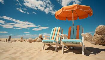 Tourist resort coastline, tranquil scene, sunbathing, relaxation, outdoor chair generated by AI photo